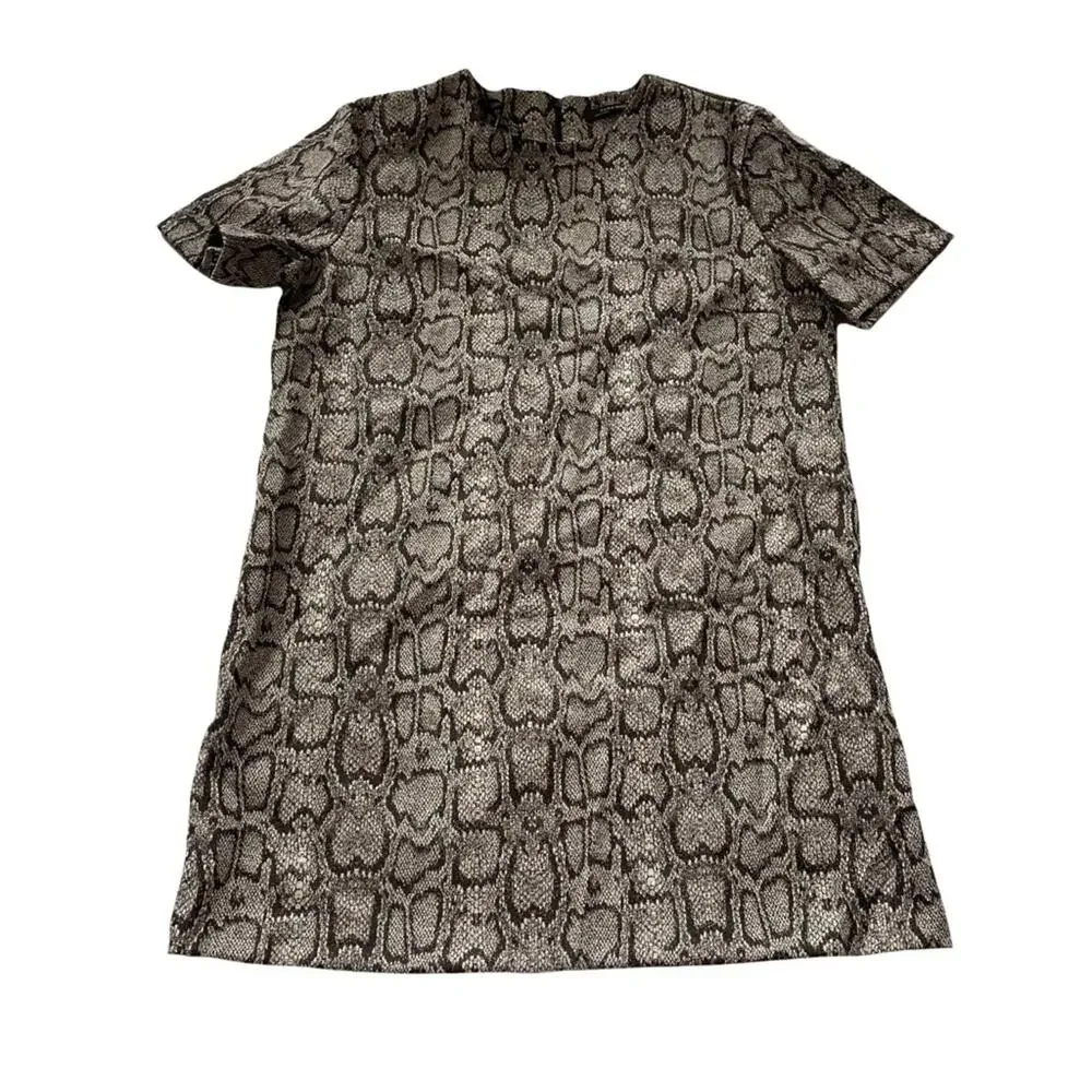 Zara Snakeskin Print Jacquard Dress Boxy Mini Short Sleeve Tan Brown L EUC - Picture 2 of 9